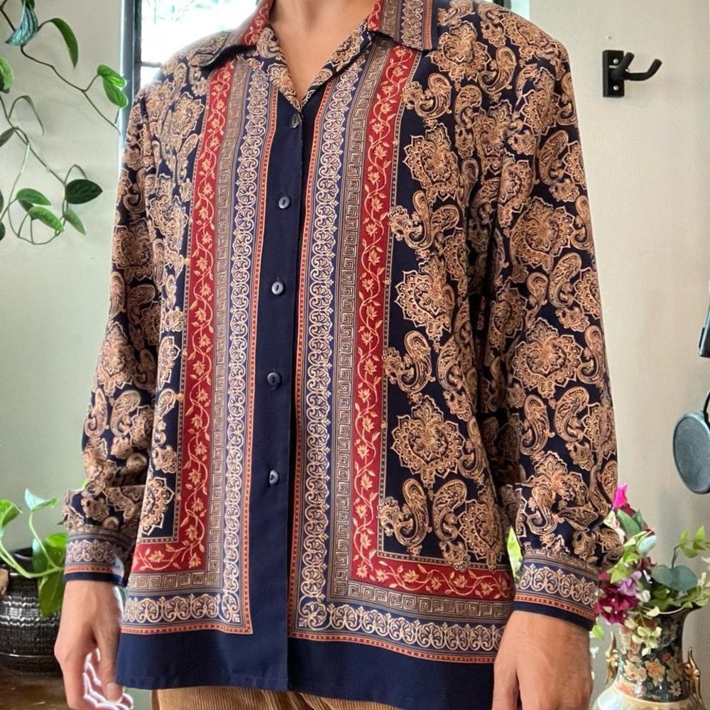 TanJay Men's Dress Shirt - Navy, Red, and Beige Pattern